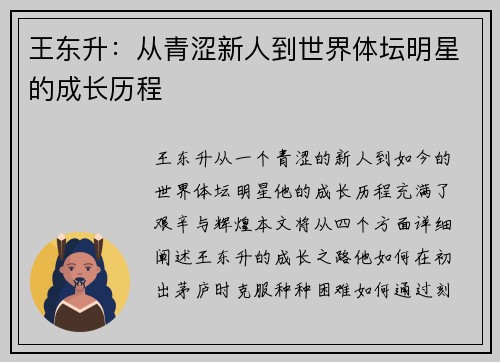王东升：从青涩新人到世界体坛明星的成长历程