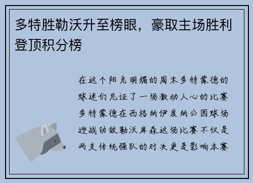 多特胜勒沃升至榜眼，豪取主场胜利登顶积分榜